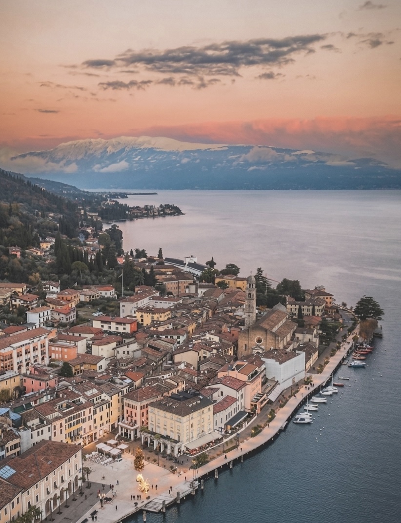 Luftaufnahme von Salò bei Sonnenuntergang, Lago di Garda